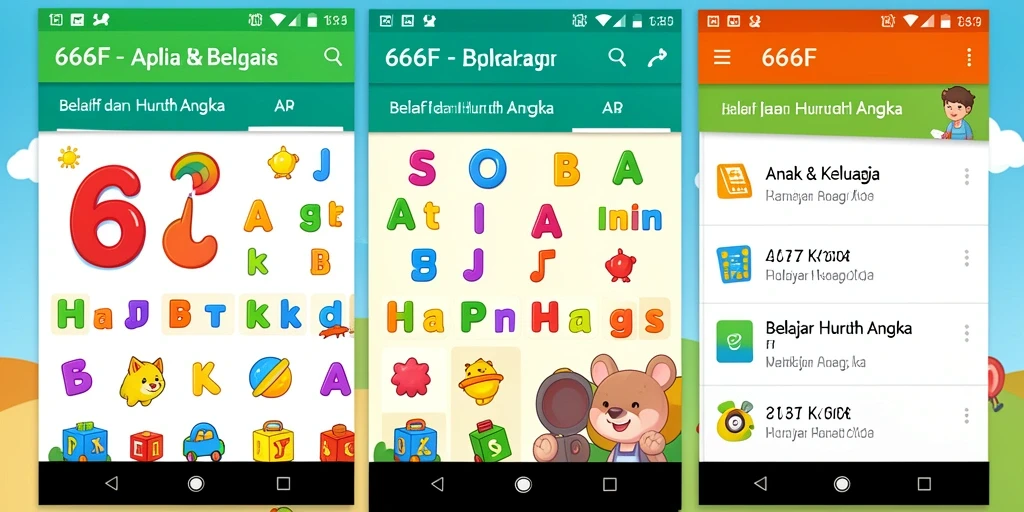 Tampilan antarmuka 666F untuk belajar huruf dan angka.