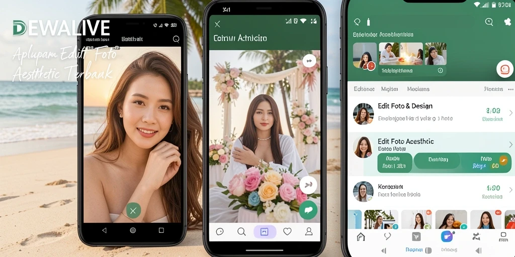 Antarmuka DEWALIVE dengan berbagai fitur edit foto aesthetic.
