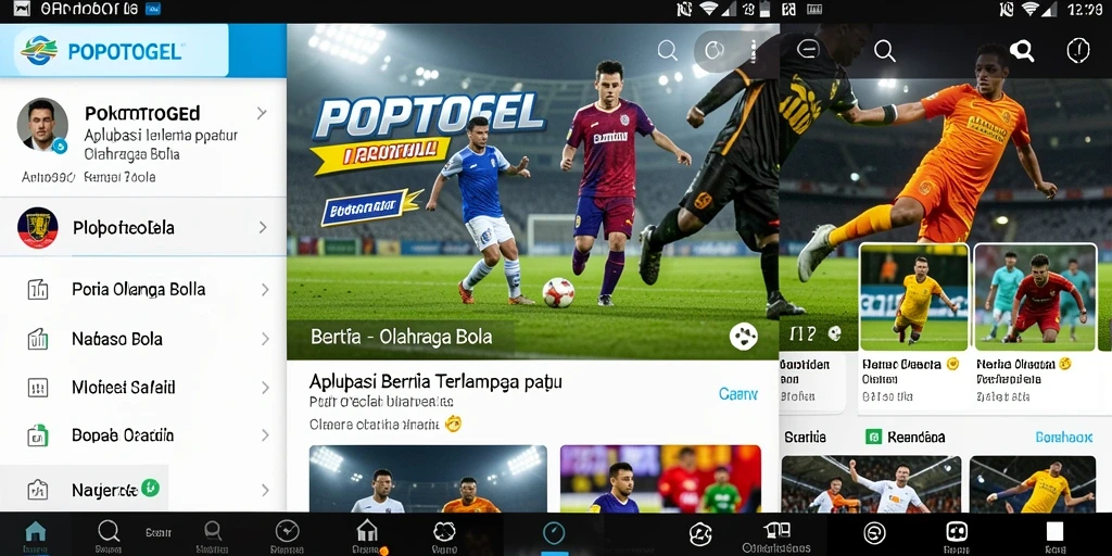 Screenshot utama yang menampilkan antarmuka aplikasi POPOTOGEL dengan berita Olahraga Bola.